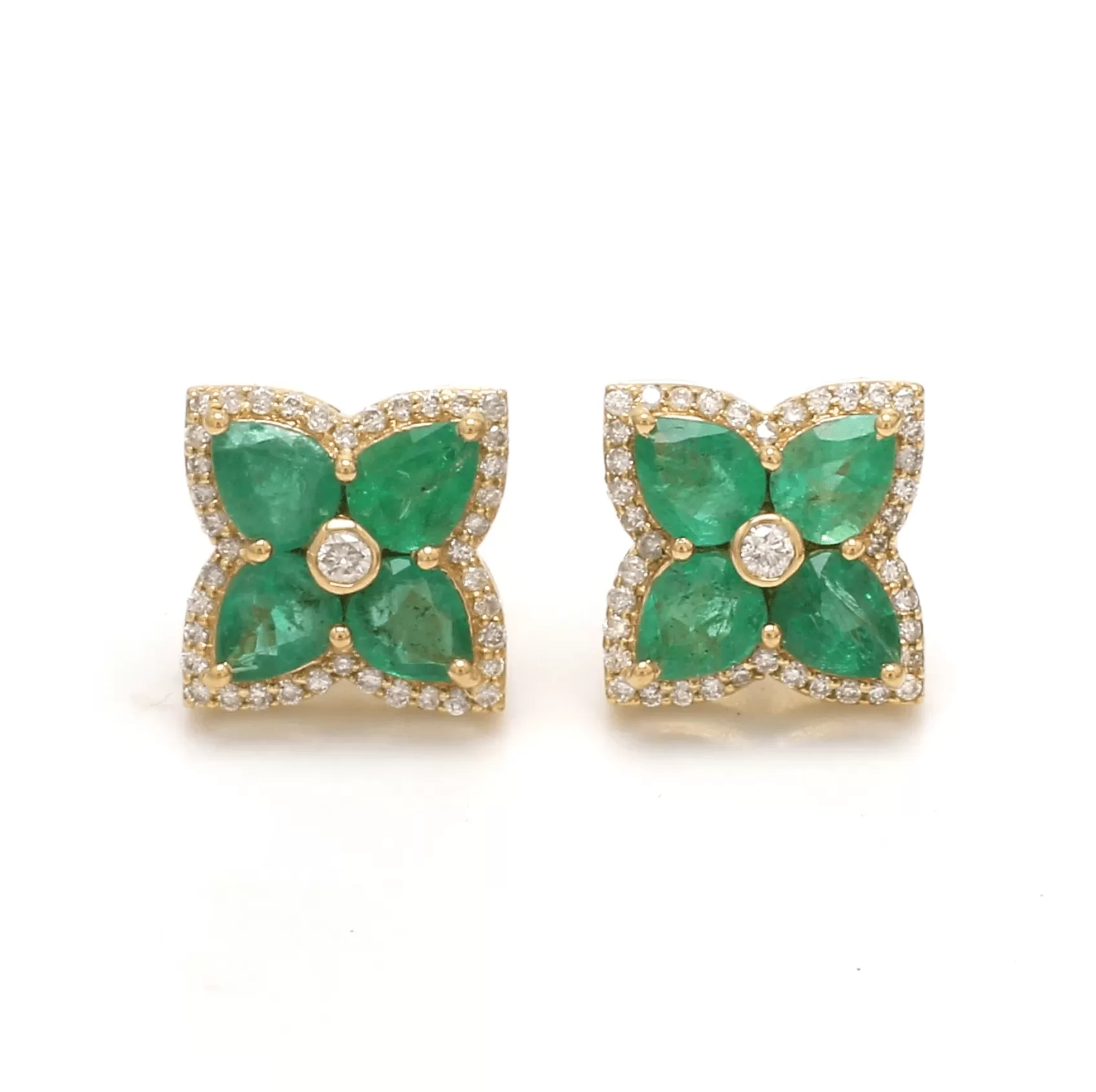 14K & 18K Gold Emerald and Diamond Clover Flower Stud Earrings