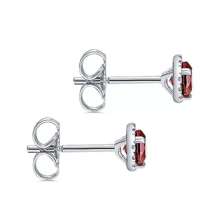 14K White Gold Garnet and Diamond Halo Stud Earrings