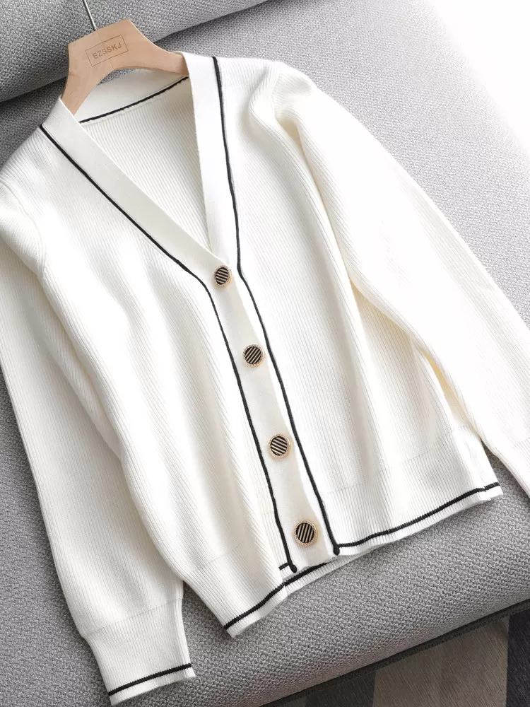 2021 White Black Solid Sweater Cardigans Jacket Ladies New Women Thick Sweater Coat V-Neck Cardigan