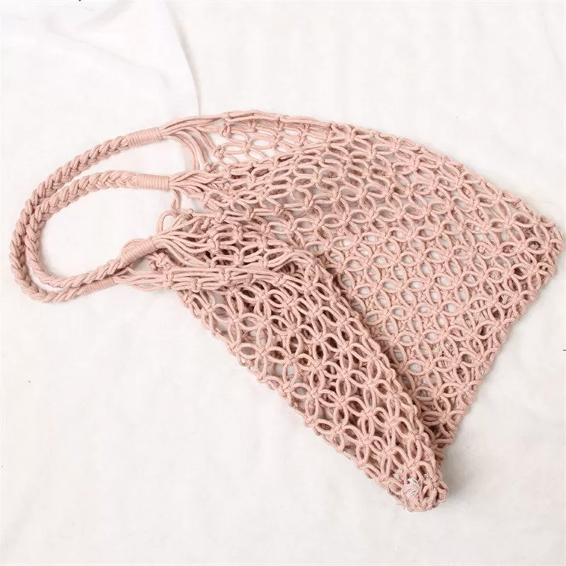 35X35Cm Fashion Popular Woven Bag Mesh Rope Weaving Tie Buckle Reticulate Hollow Straw Bag No Lined