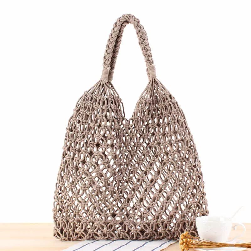 35X35Cm Fashion Popular Woven Bag Mesh Rope Weaving Tie Buckle Reticulate Hollow Straw Bag No Lined