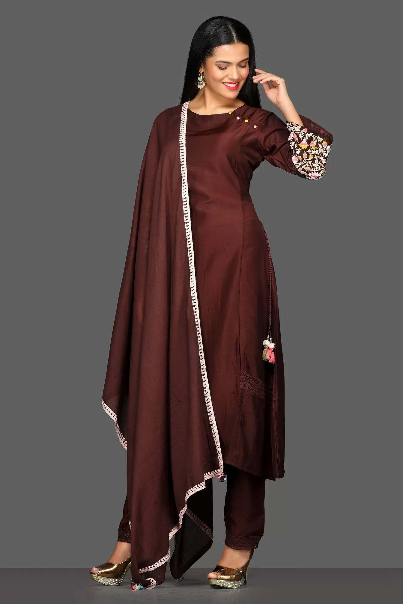 502595 Dark Brown Embroidered Pant Suit with Dupatta