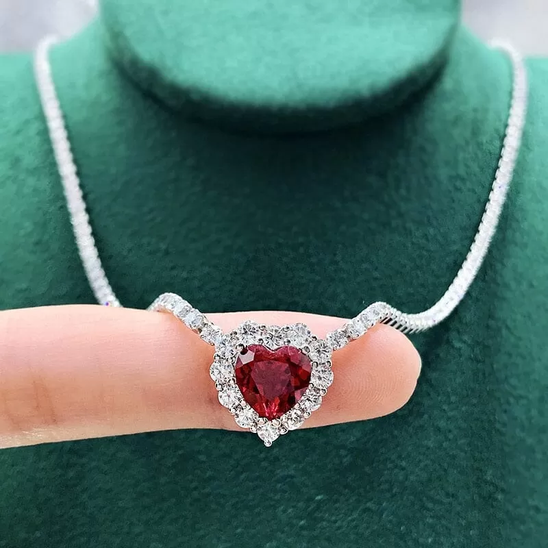 8*8mm Heart Ruby Diamond Pendant 925 Sterling Silver Necklace