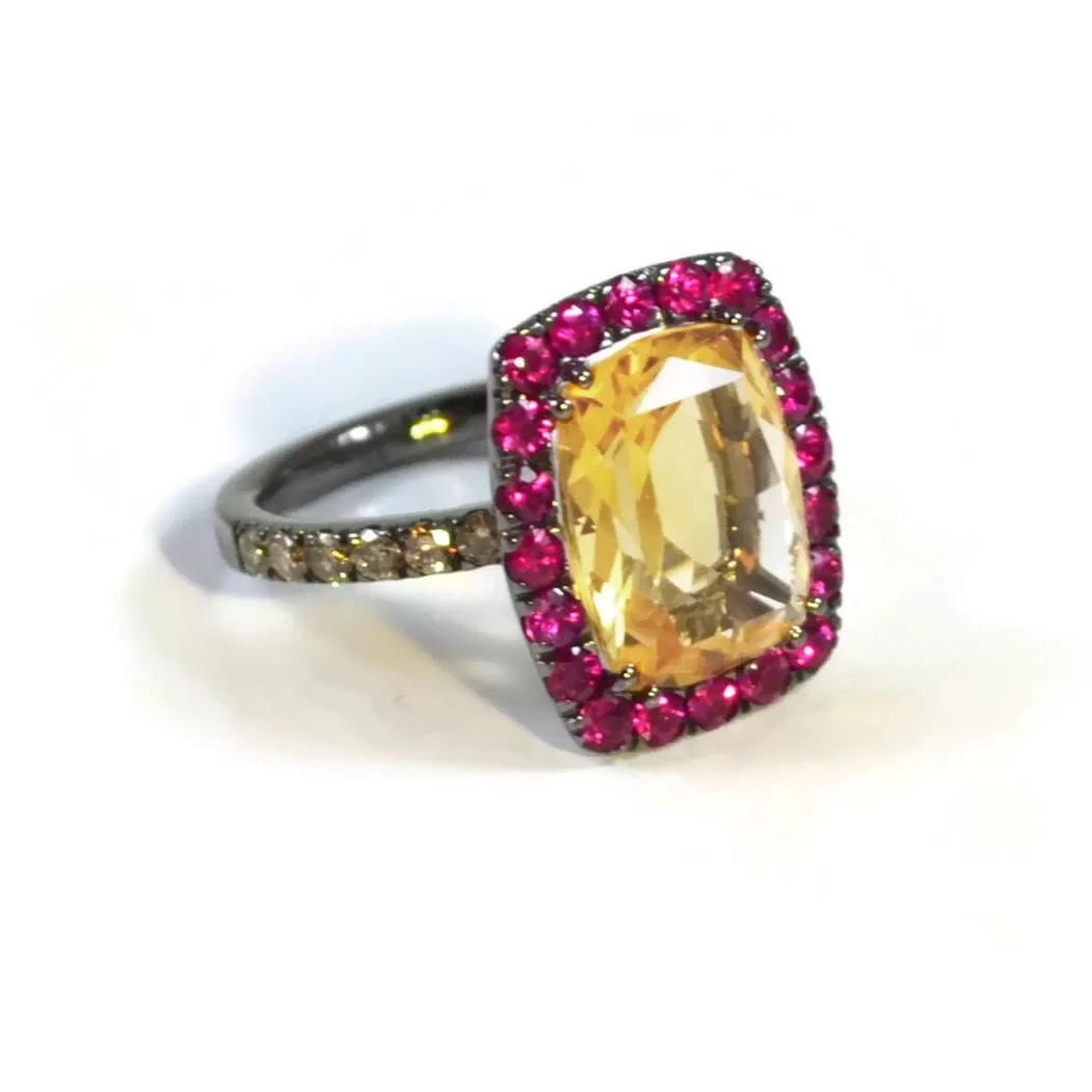 A & Furst - Dynamite - Cocktail Ring with Citrine, Rubies and Light Brown Diamonds, 18k Blackened Gold