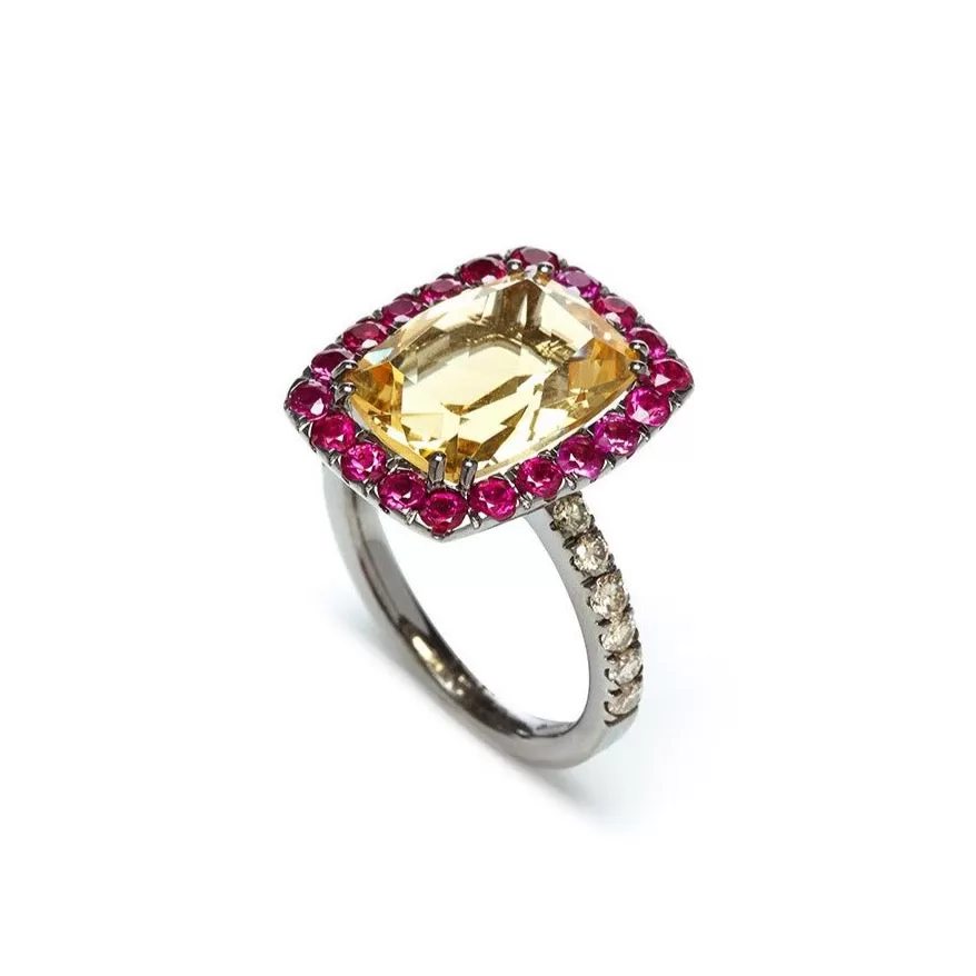 A & Furst - Dynamite - Cocktail Ring with Citrine, Rubies and Light Brown Diamonds, 18k Blackened Gold