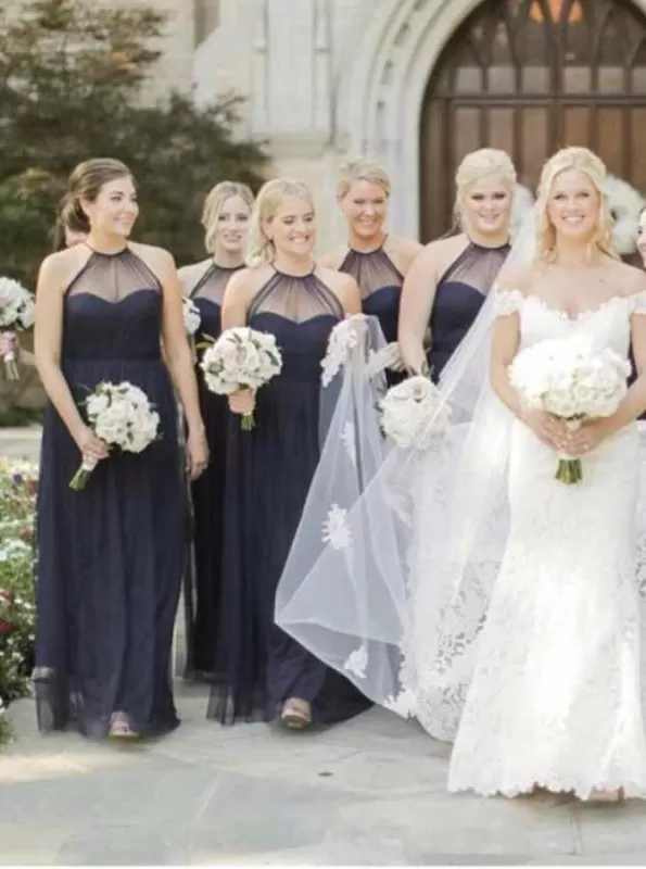 A-Line Halter Sleeveless Dark Blue Tulle Bridesmaid Dress