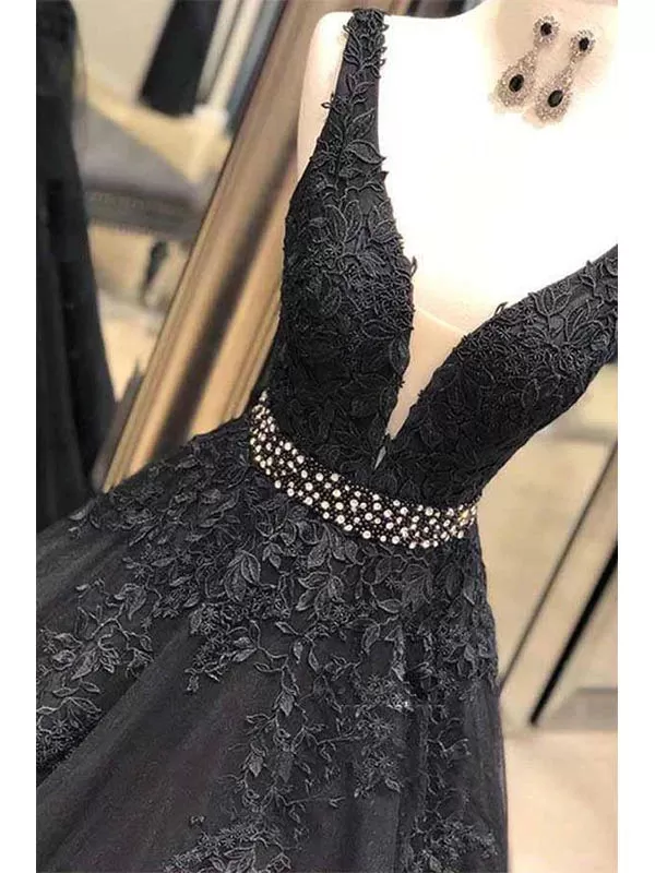 A-line V-neck Open Back Black Lace Long Prom Dress Evening Dress with Beading, OL597