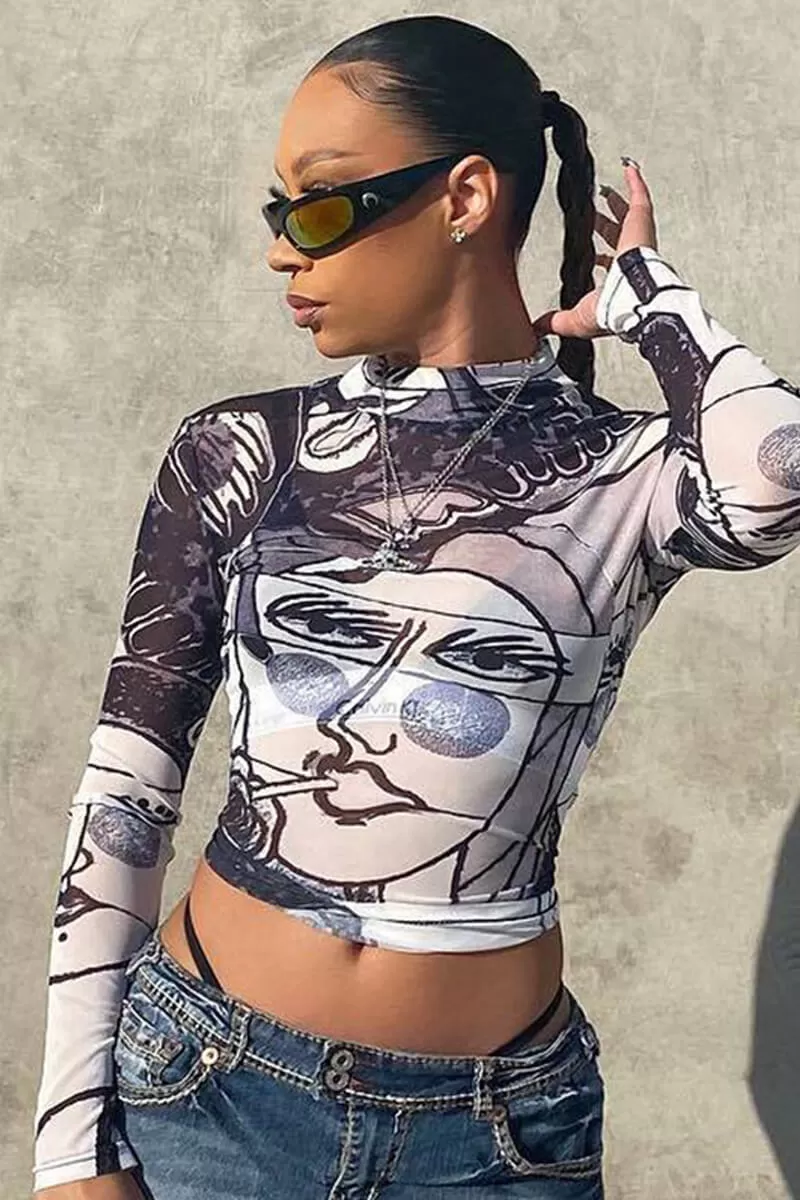 Abstract Face Mesh Long Sleeve Crop Top