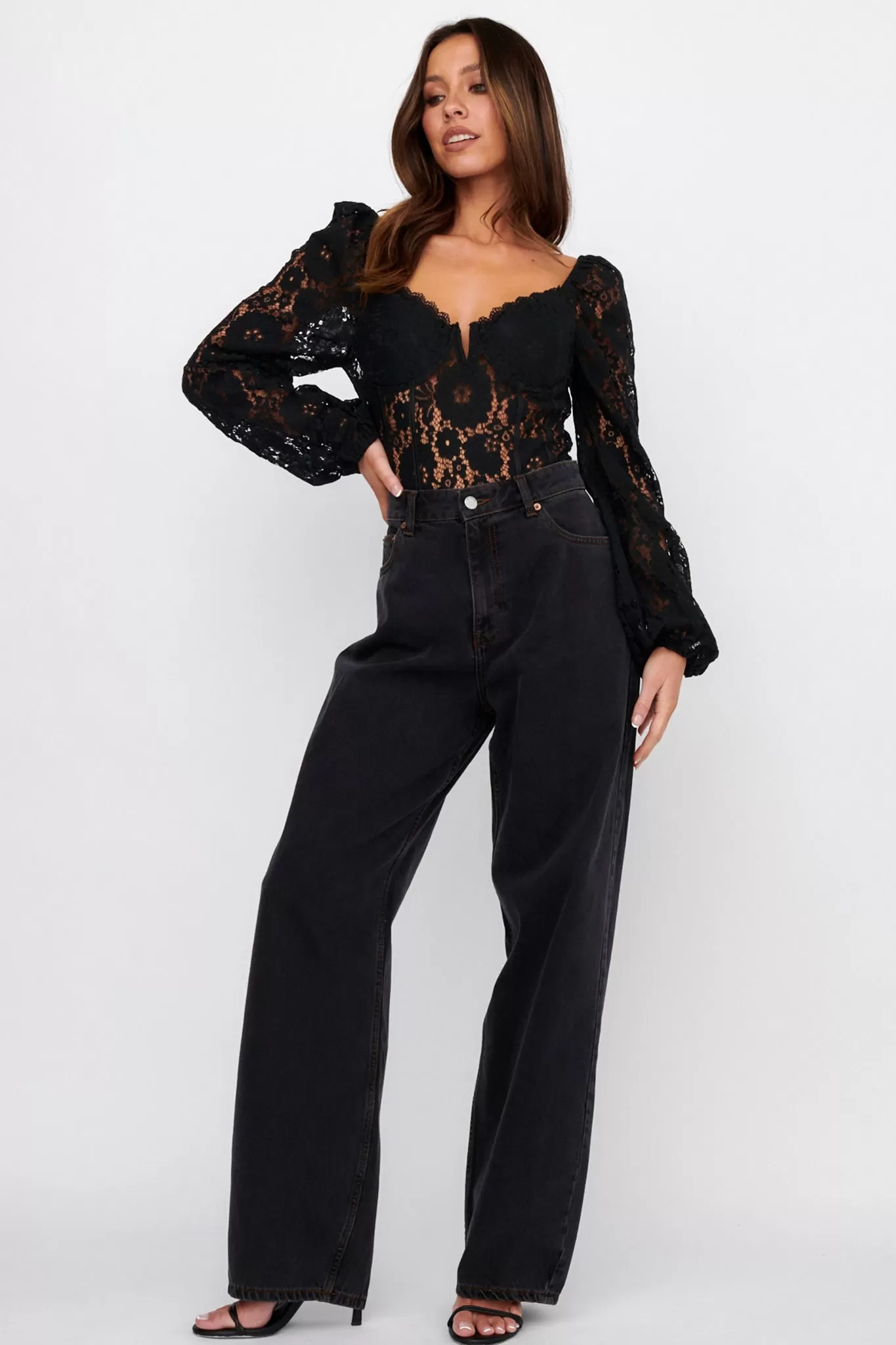 Adored Long Sleeve Lace Bodysuit Black