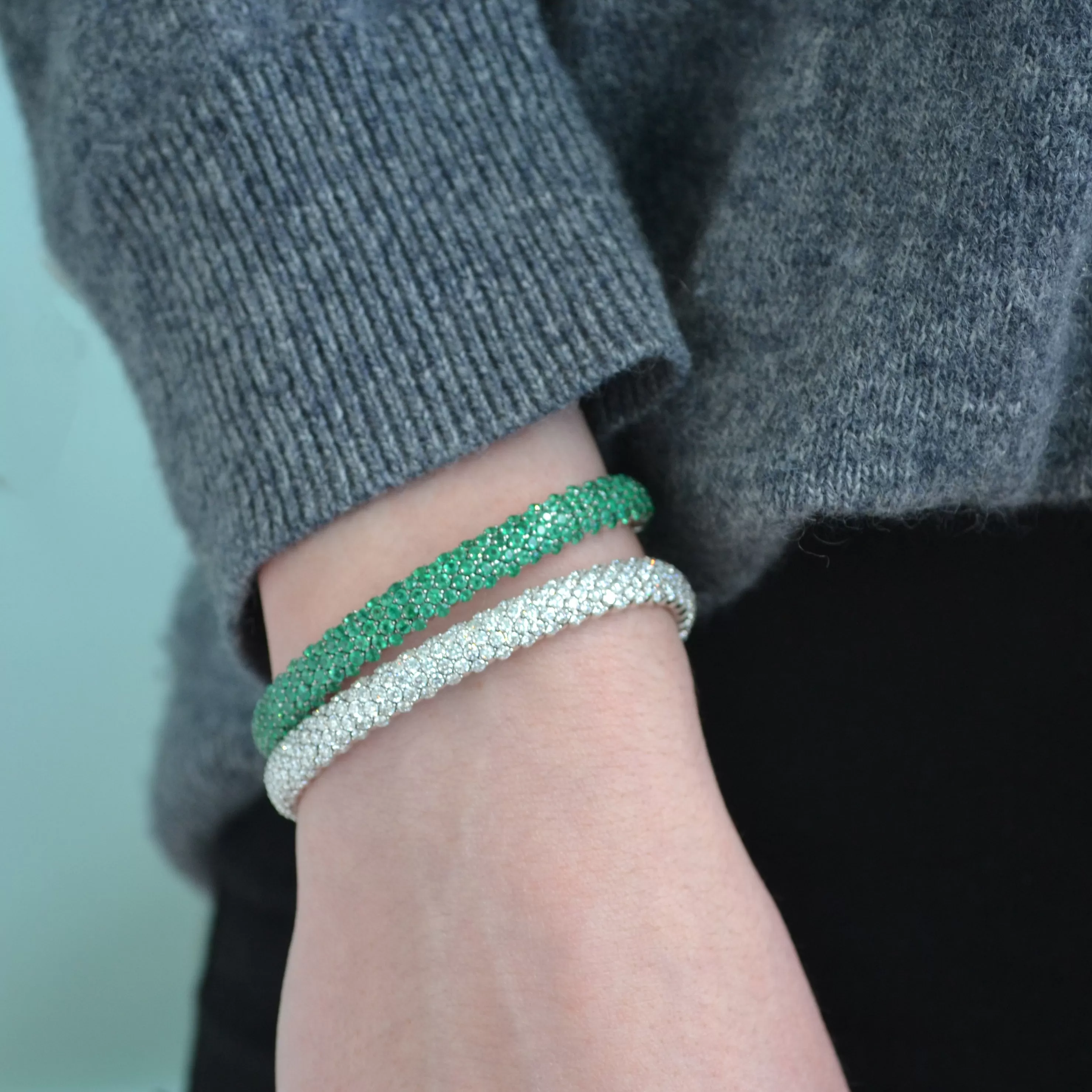 AFJ Diamond Collection - Flexible Bracelet with Emeralds, 18k White Gold