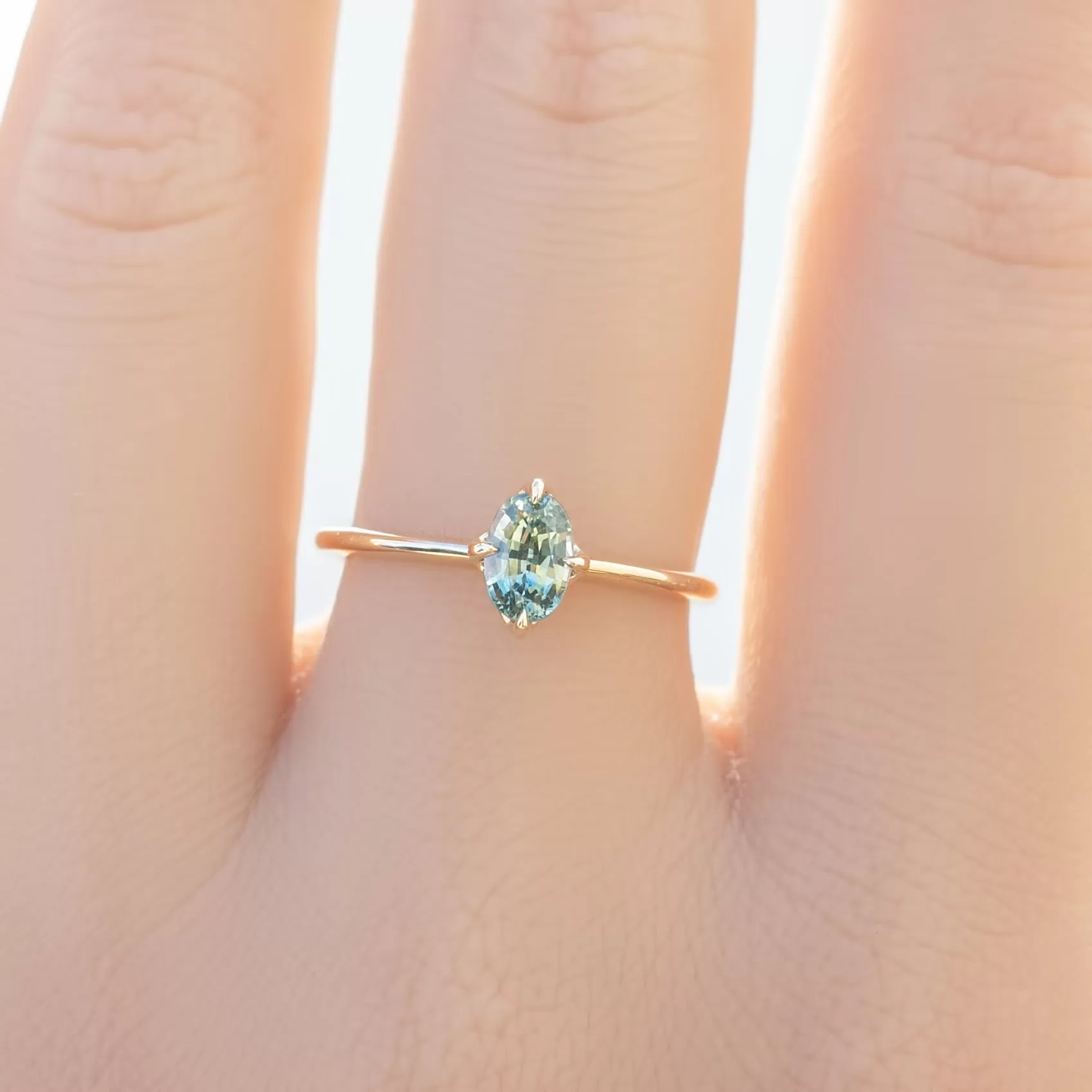 Alice Ring 6mm 0.65ct Light Blue Green Montana Sapphire, 14k Yellow Gold