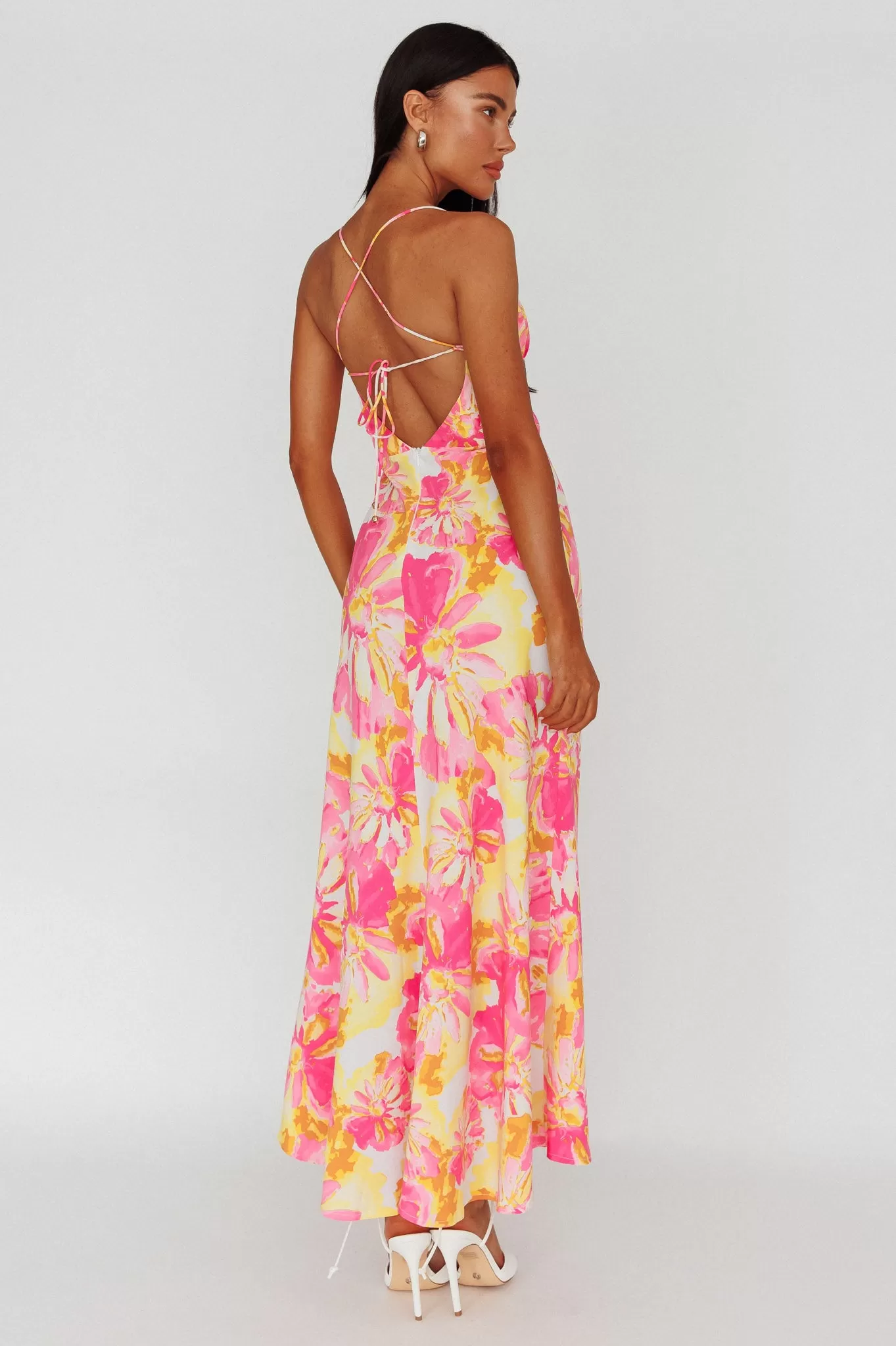 Alora Tie-Up Back Maxi Dress Flower Pink