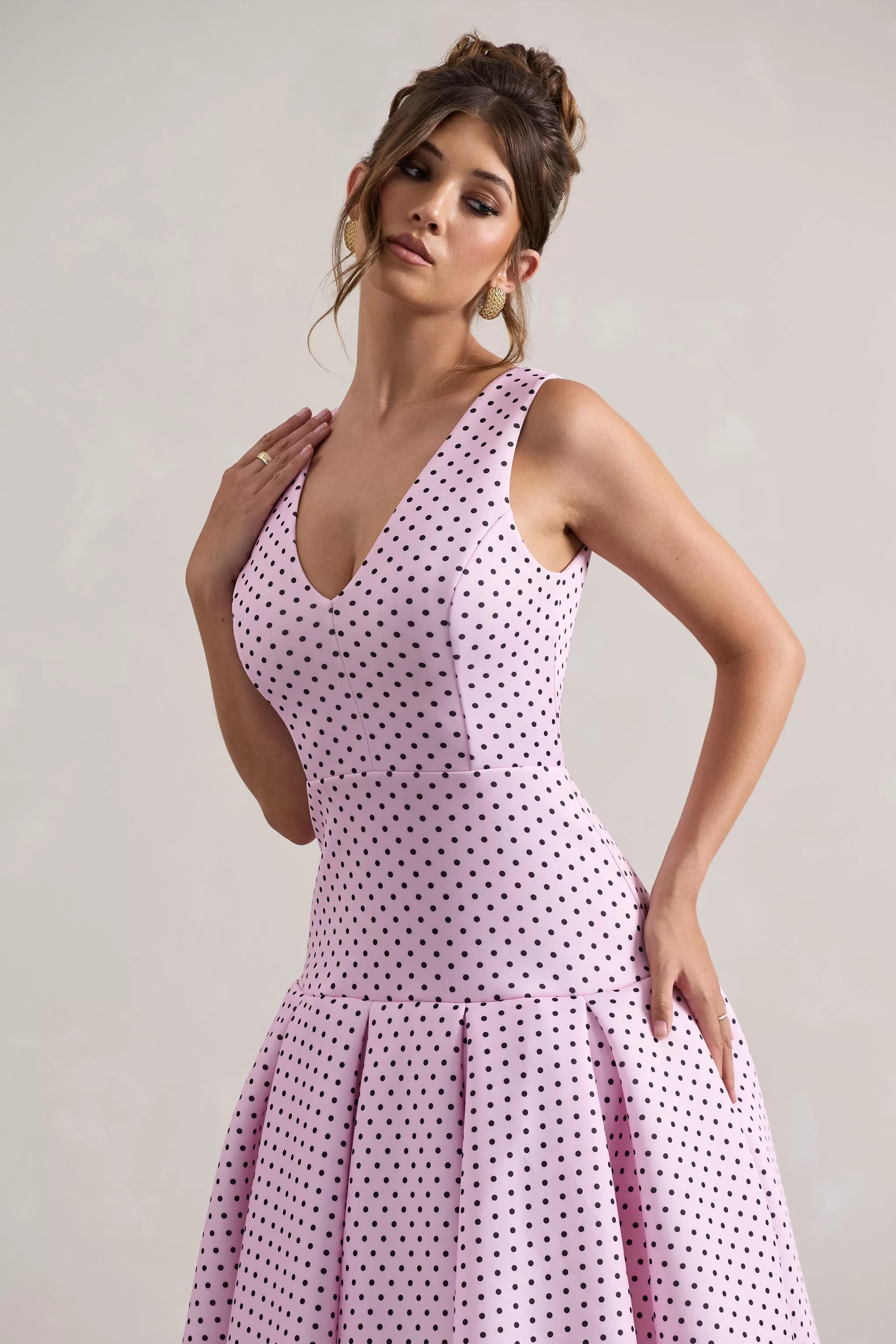 Amoret | Pink Polka Dot Plunge-Neck Maxi Dress With Volume Hem