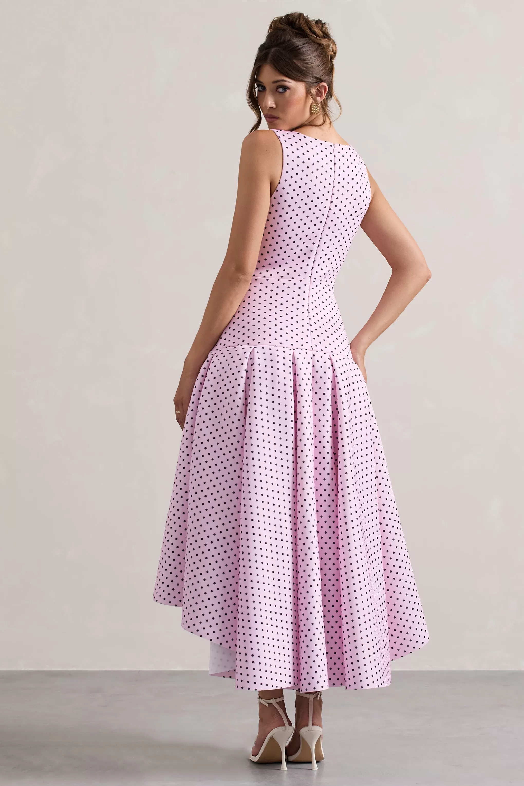 Amoret | Pink Polka Dot Plunge-Neck Maxi Dress With Volume Hem