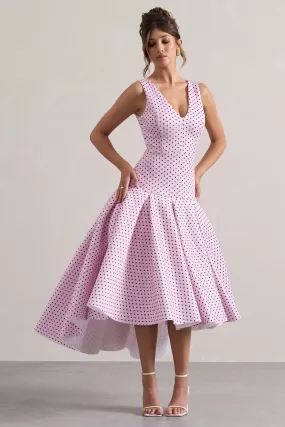 Amoret | Pink Polka Dot Plunge-Neck Maxi Dress With Volume Hem