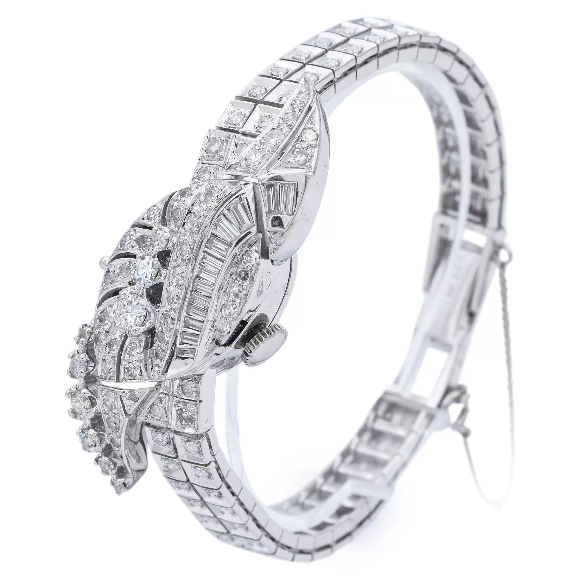 Antique 17J 14K White Gold 2.69TCW Diamond Women's Hand Wind Bracelet Watch