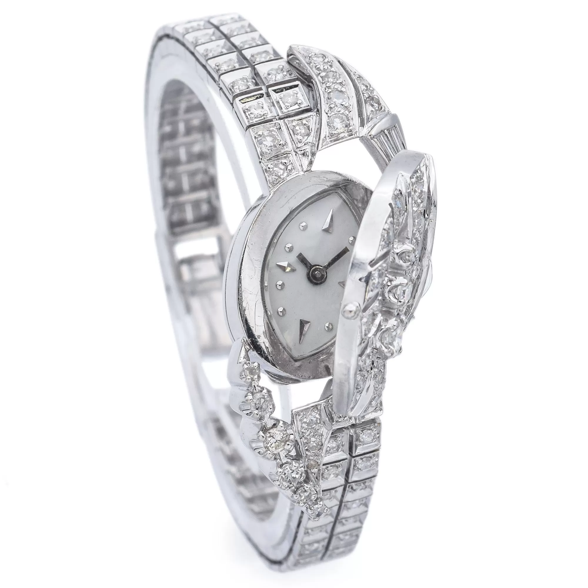 Antique 17J 14K White Gold 2.69TCW Diamond Women's Hand Wind Bracelet Watch