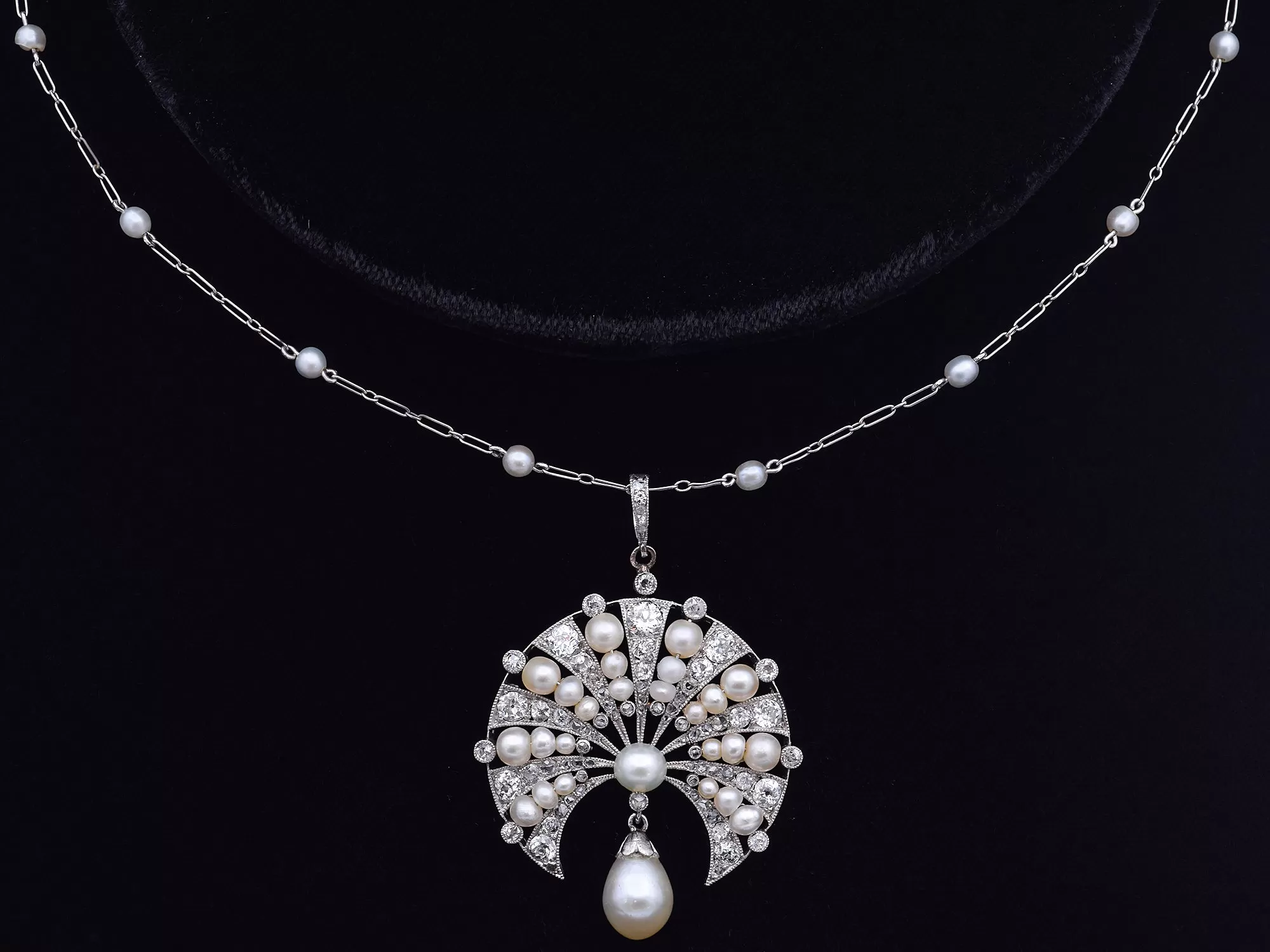 Antique Art Deco 1920 French Platinum Pearl & .75 TCW Diamond Pendant Necklace