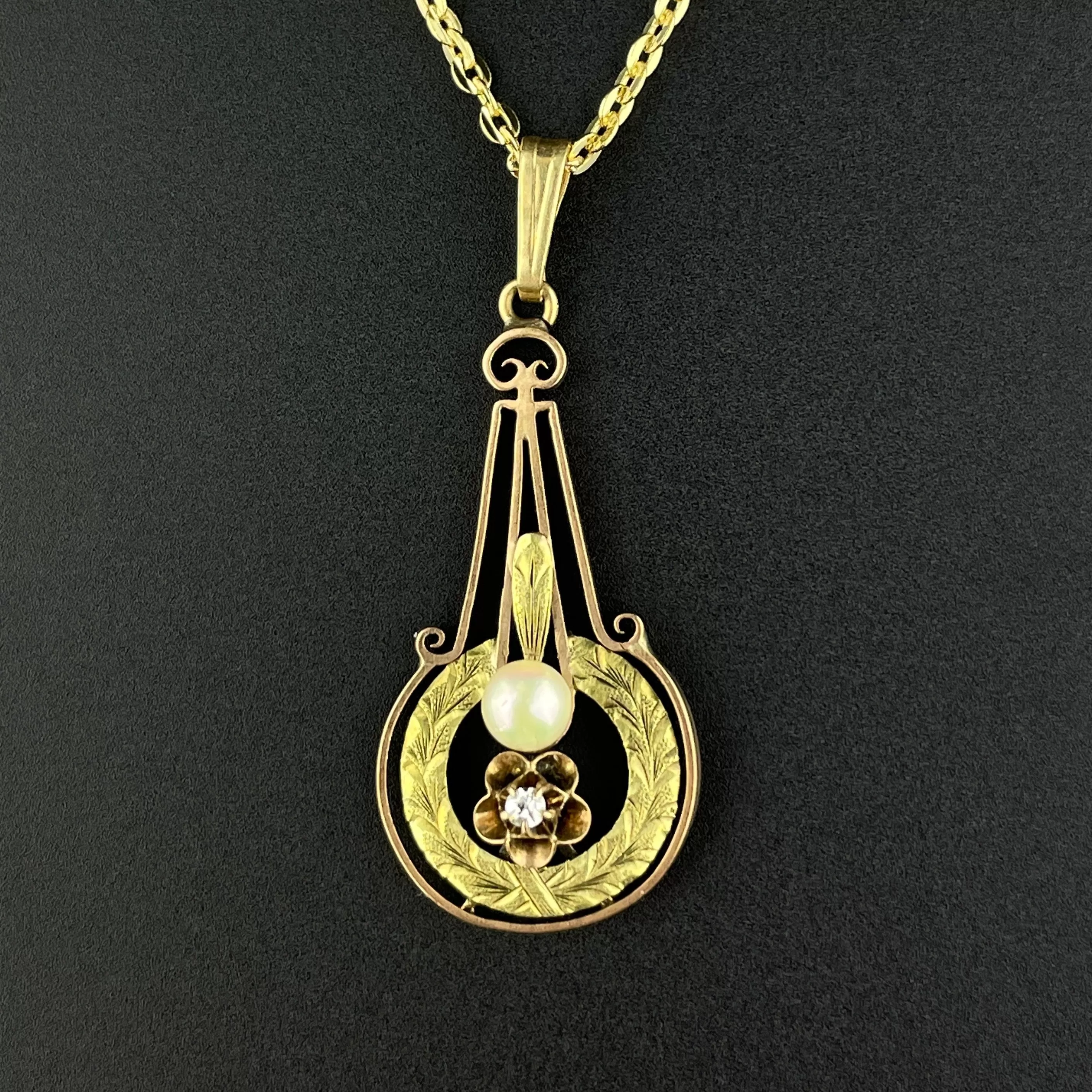 Antique Victorian 10K Gold Diamond Pearl Lavalier Pendant Necklace