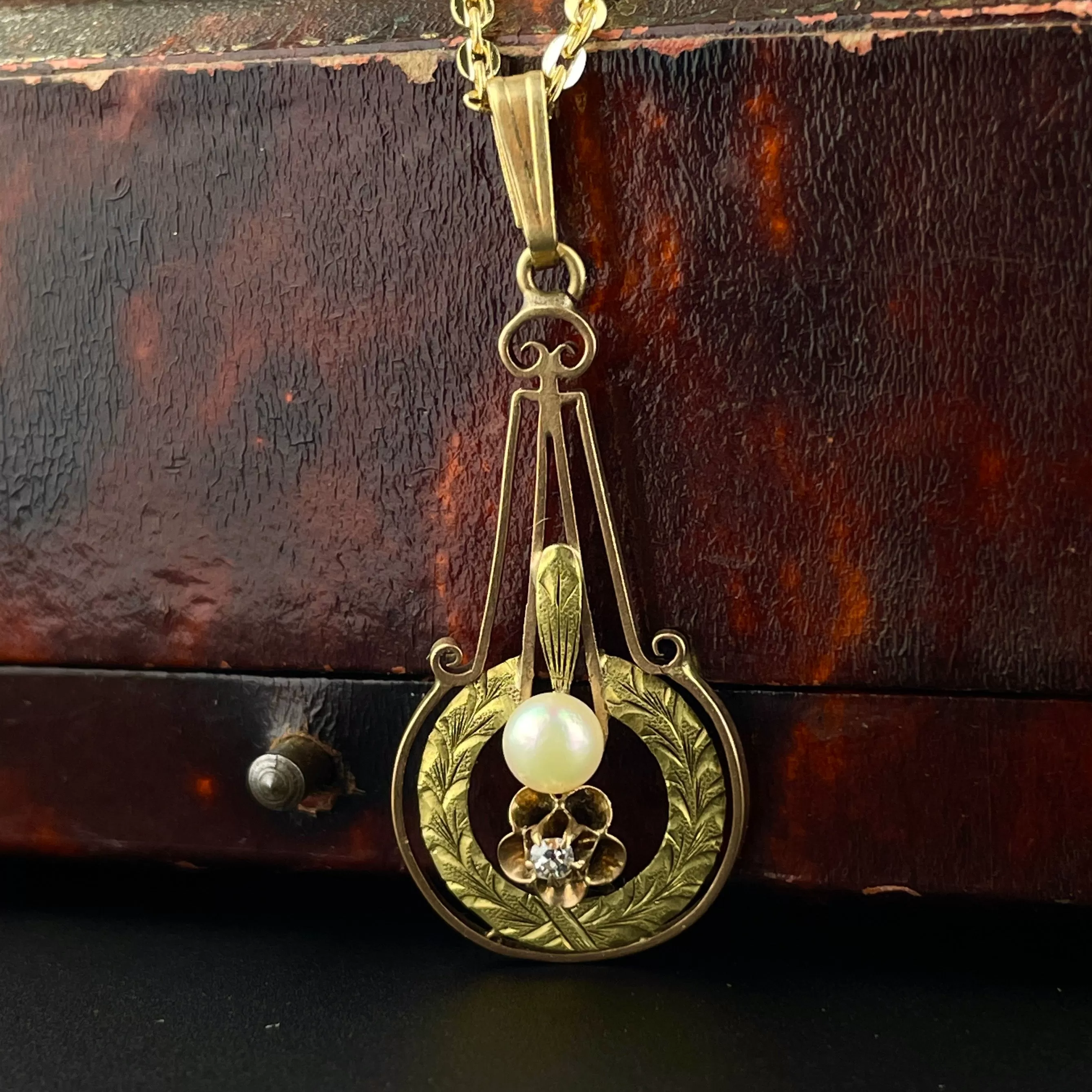 Antique Victorian 10K Gold Diamond Pearl Lavalier Pendant Necklace