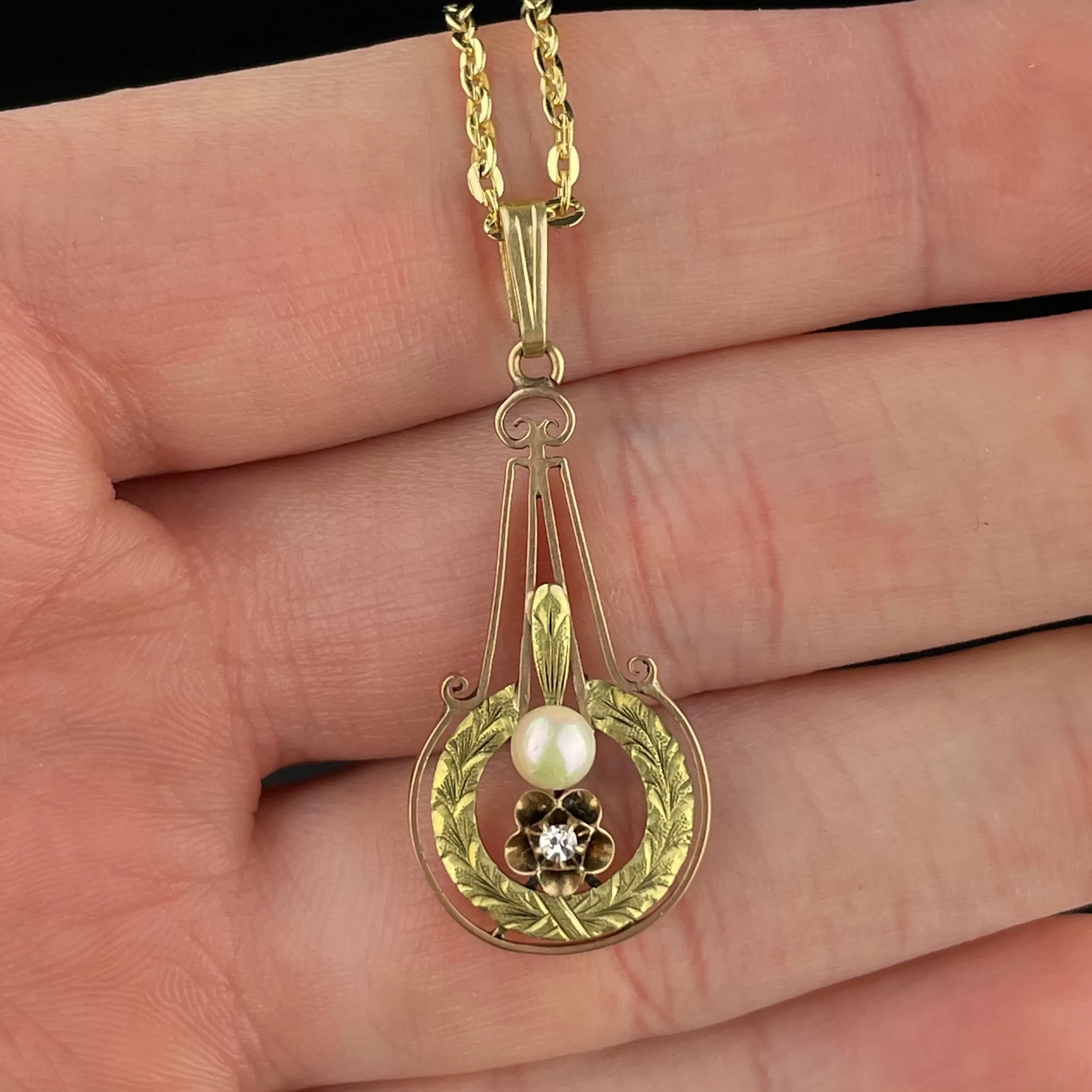 Antique Victorian 10K Gold Diamond Pearl Lavalier Pendant Necklace