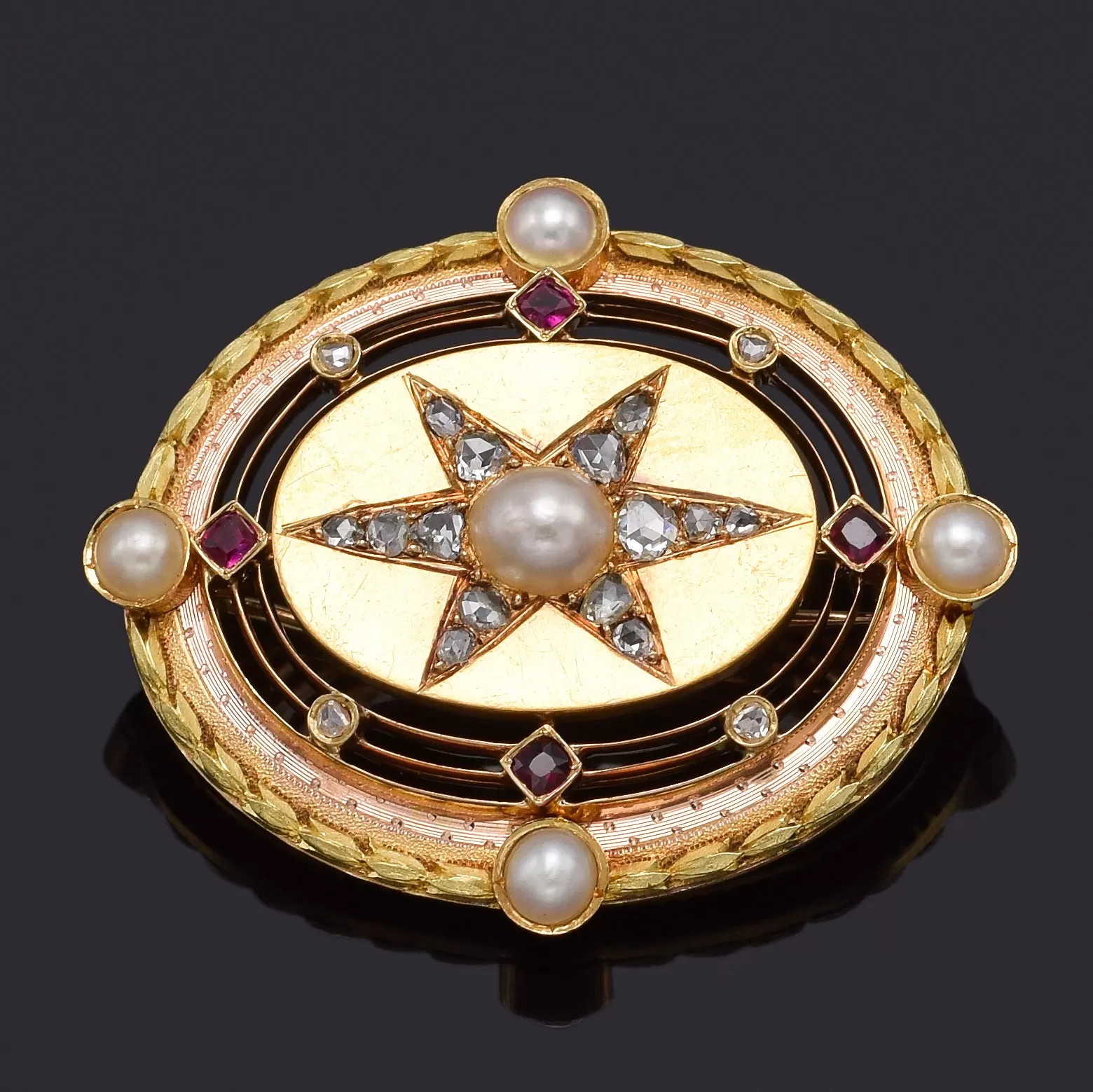 Antique Victorian 18K Gold 0.51TCW Diamond, Ruby, Sea Pearl Starburst Brooch Pin