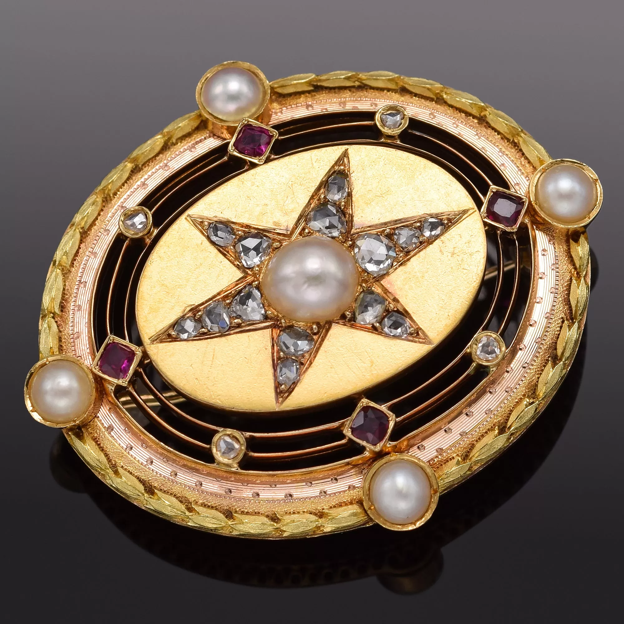 Antique Victorian 18K Gold 0.51TCW Diamond, Ruby, Sea Pearl Starburst Brooch Pin