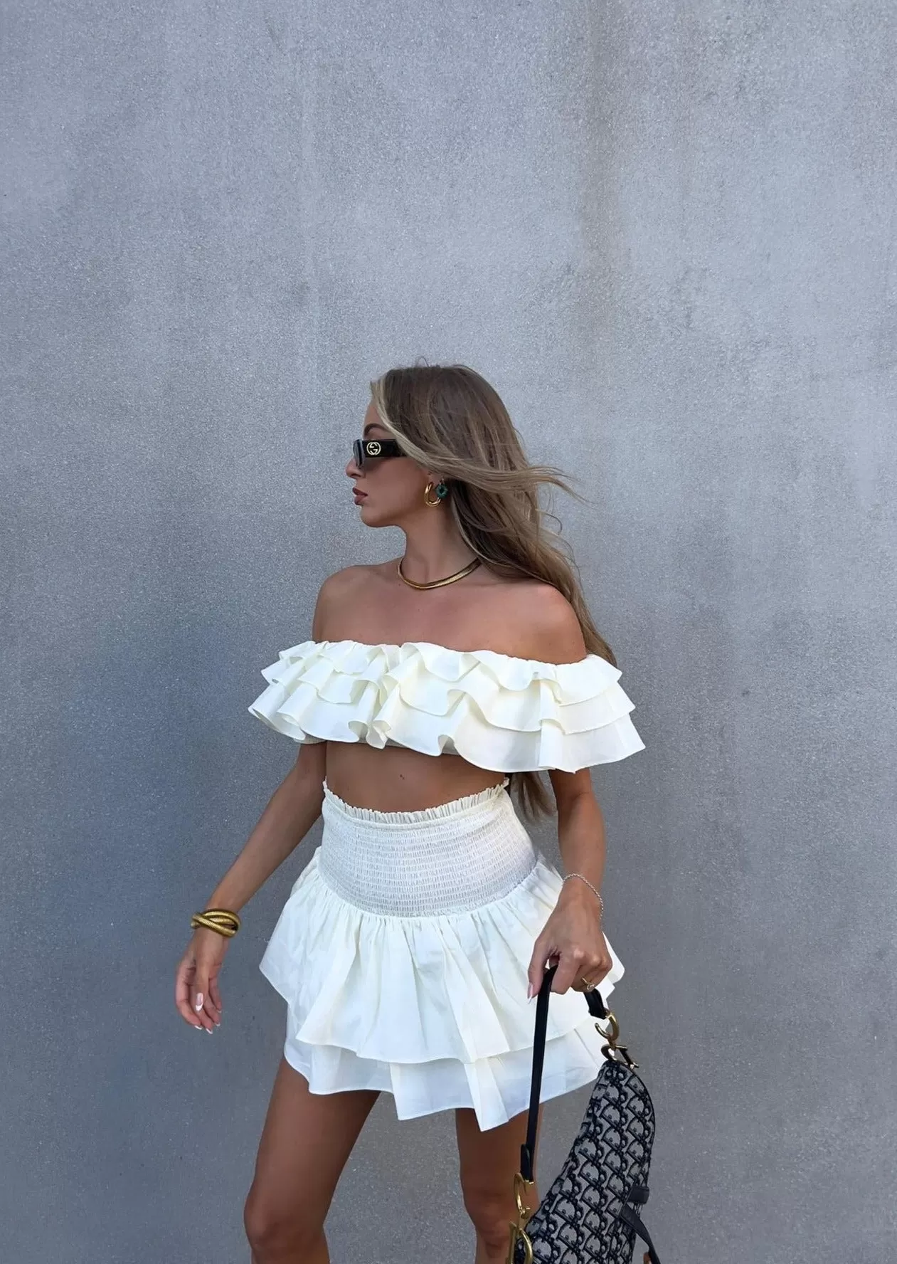 Arabella Co-ord Bardot Ruffle Crop Top - Cream