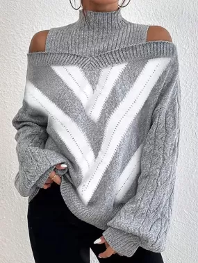 Argyle Gray Women's Turtleneck Crochet Knit Sweater