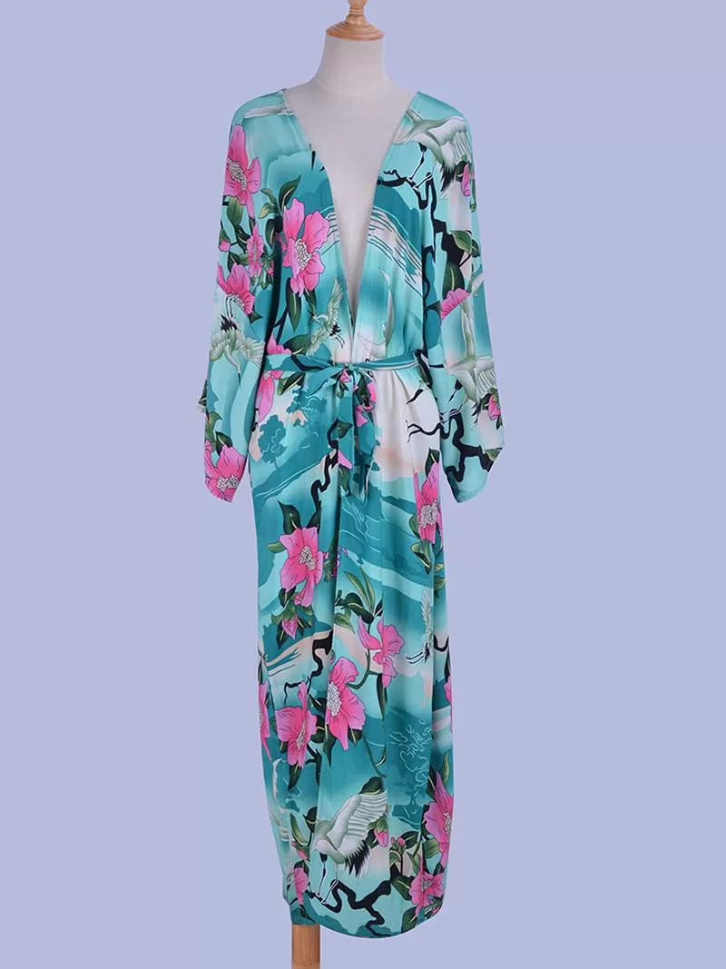 Beachwear Long Kimono Floral Print Green Color Rayon Long Length Gown Robe Kimono