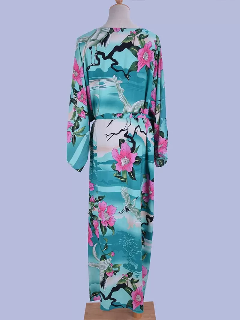 Beachwear Long Kimono Floral Print Green Color Rayon Long Length Gown Robe Kimono