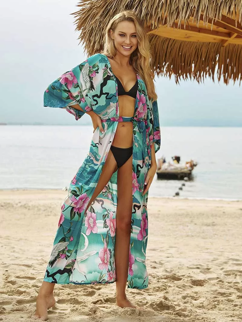 Beachwear Long Kimono Floral Print Green Color Rayon Long Length Gown Robe Kimono