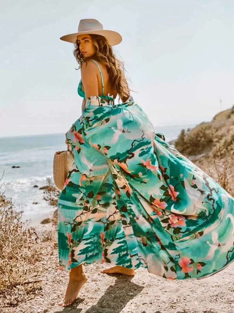 Beachwear Long Kimono Floral Print Green Color Rayon Long Length Gown Robe Kimono