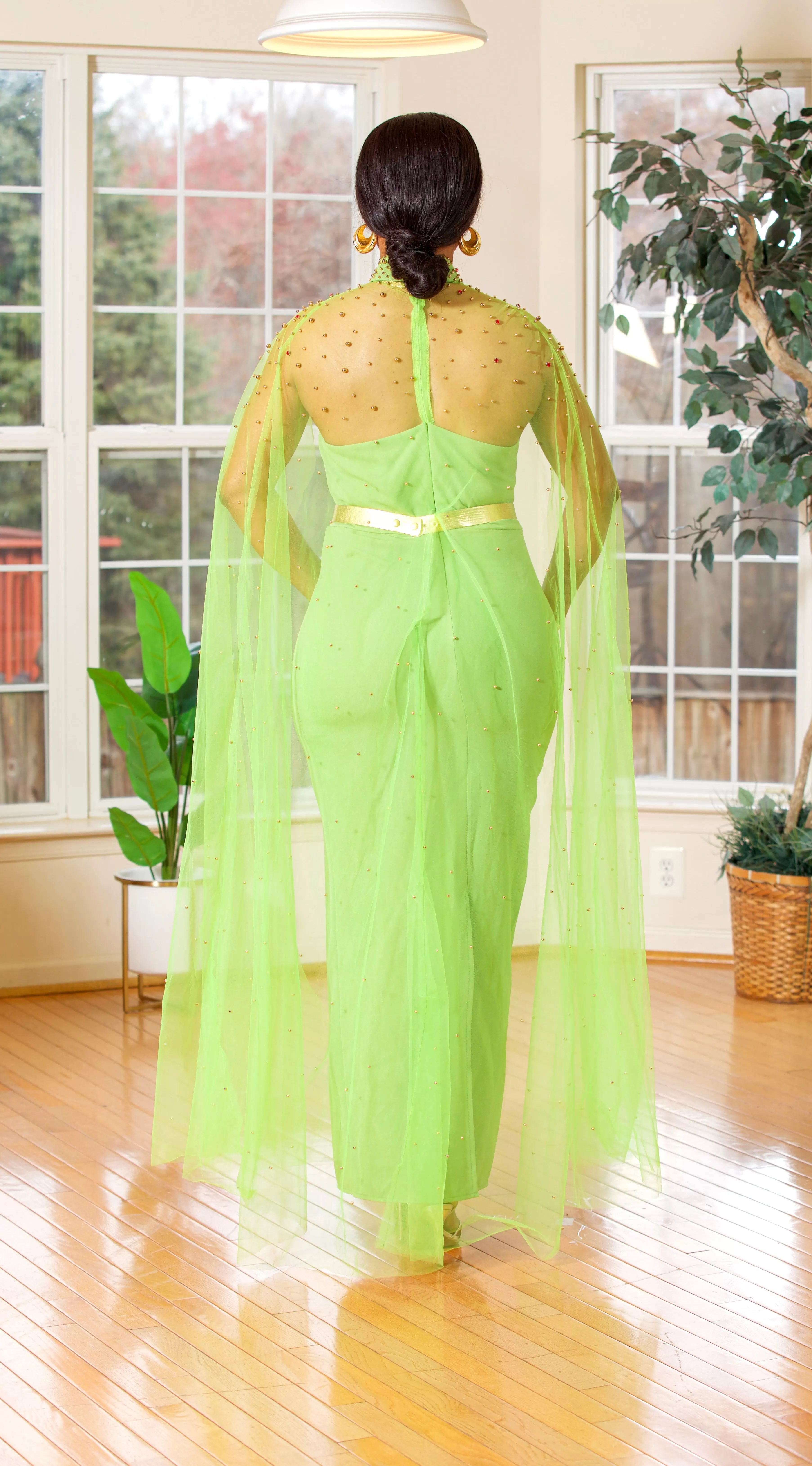 Beaded cape belted maxi dress(LEMON)