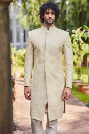 Beige Sherwani with Self Flower Butti and Pant