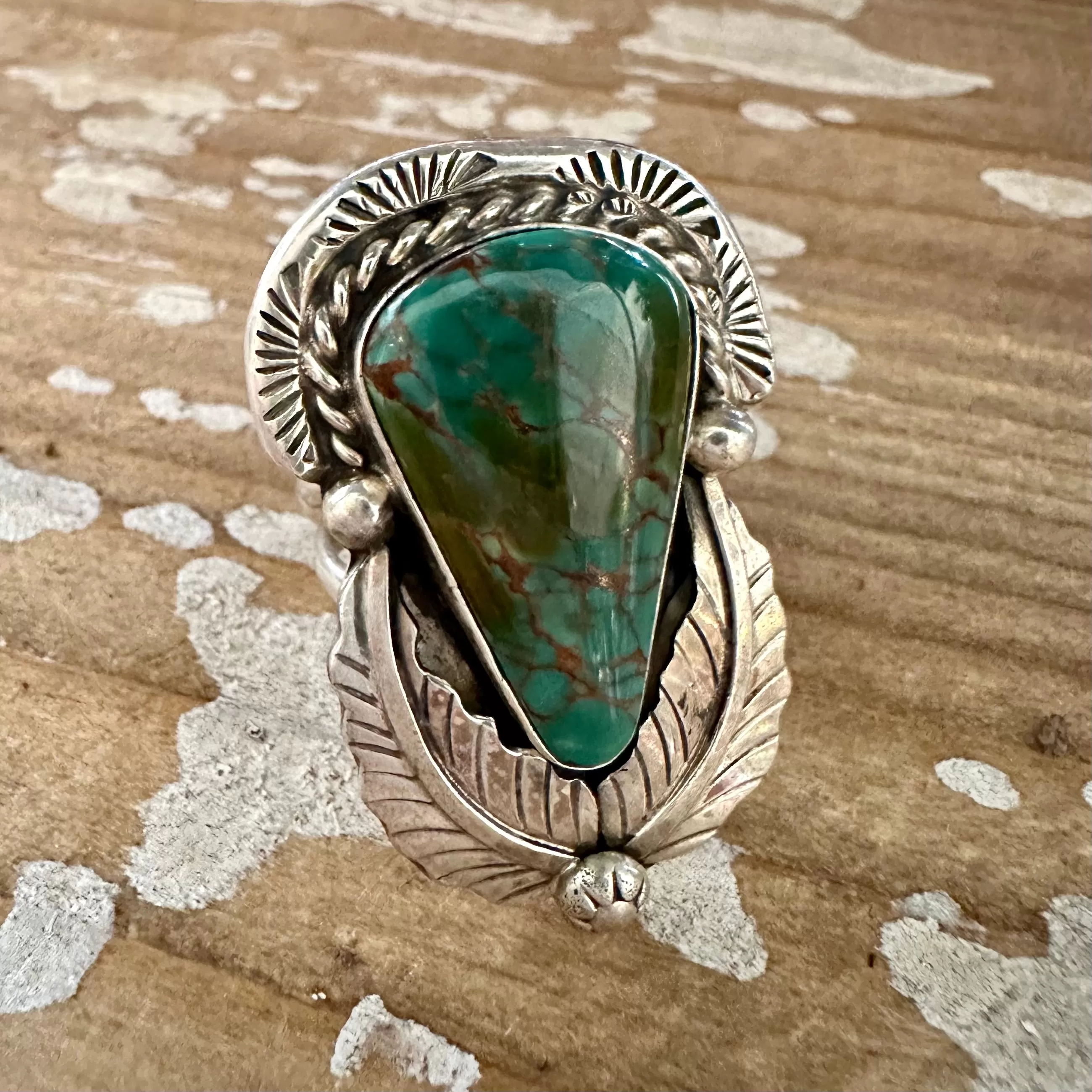 BETTA LEE Large Navajo Triangle Turquoise Stone and Sterling Silver Ring  Size 9.5