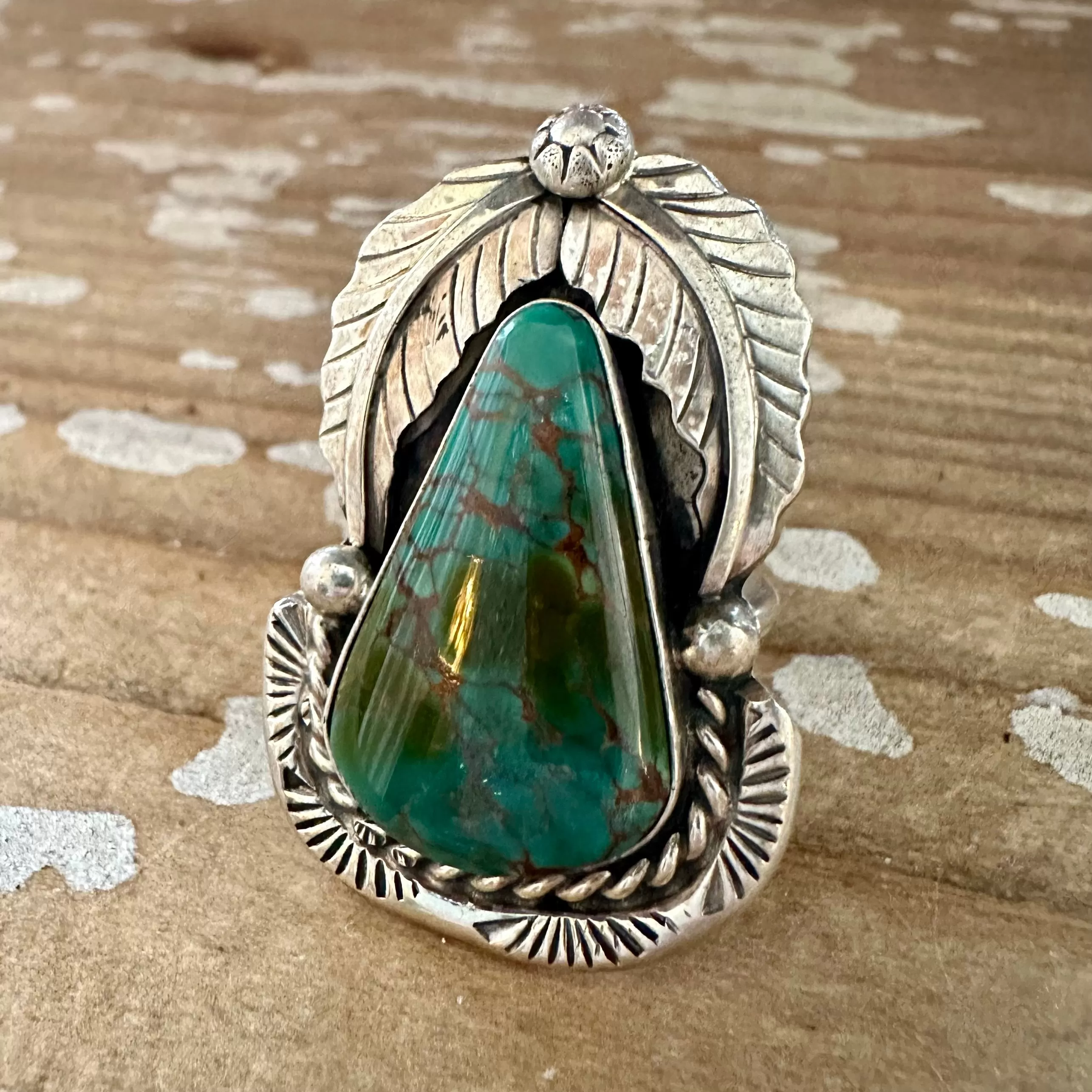 BETTA LEE Large Navajo Triangle Turquoise Stone and Sterling Silver Ring  Size 9.5