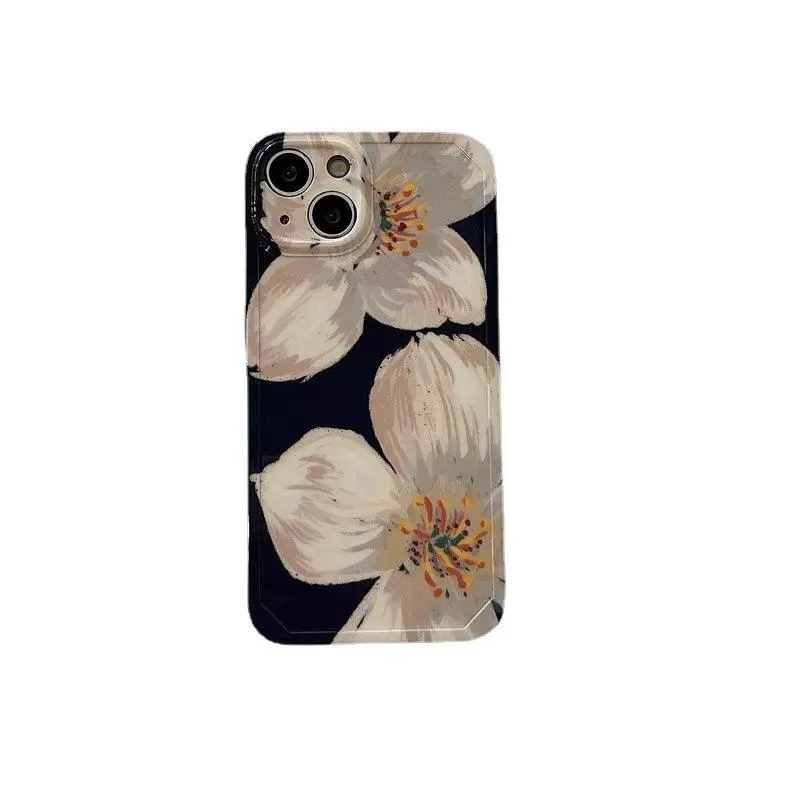 Black Cute Flower Oil Painting Phone Case for iPhone 11, 12, 13, 14 Pro Max, and 14 Plus