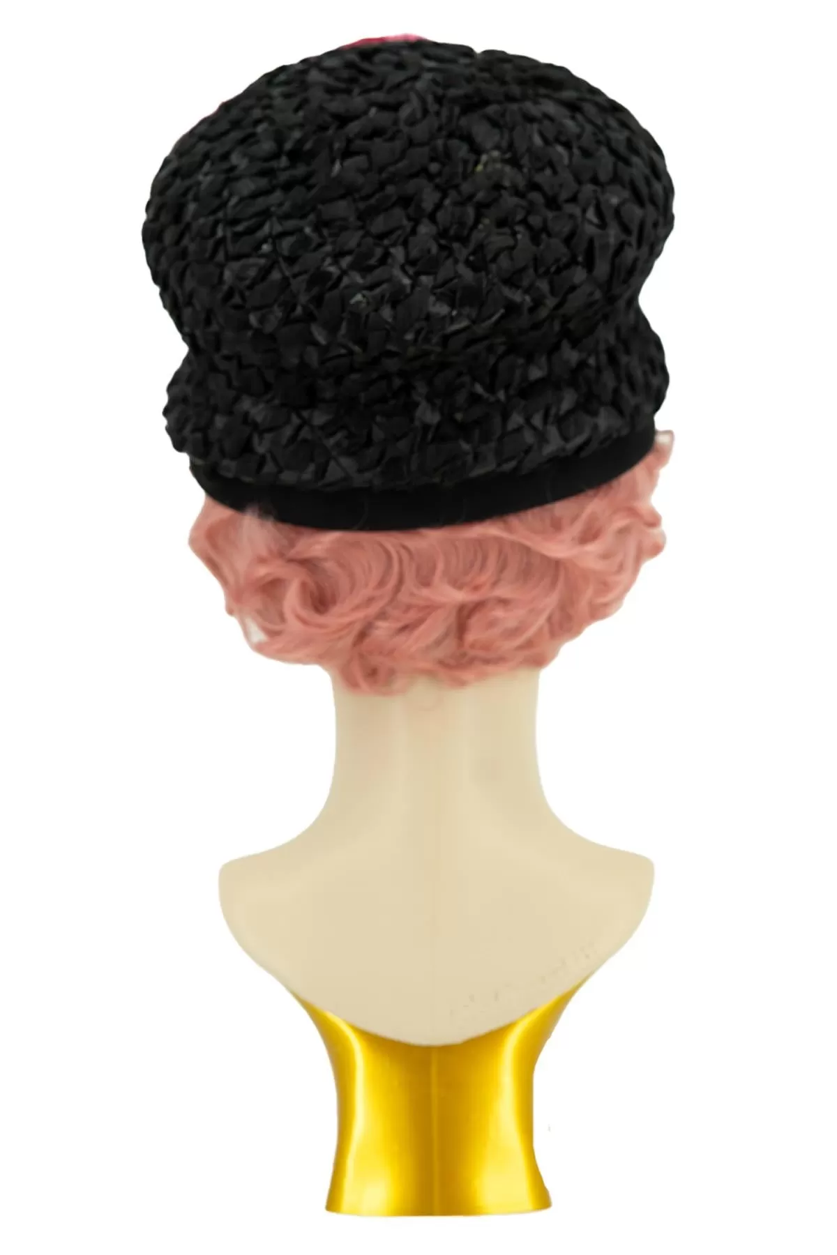 Black Raffia Pink Flower 1960s Vintage Hat