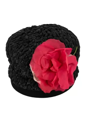 Black Raffia Pink Flower 1960s Vintage Hat