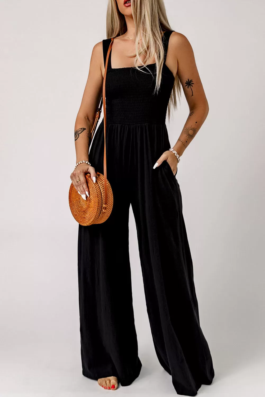 Black Smocked Sleeveless Wide Leg Jumpsuit with Pockets