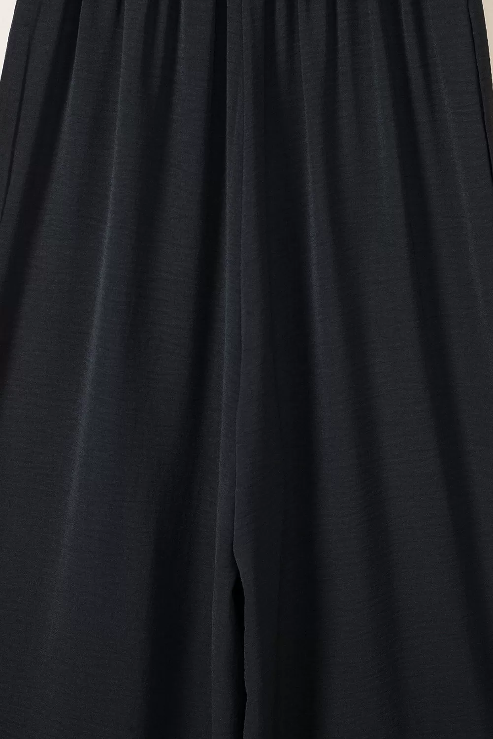 Black Smocked Sleeveless Wide Leg Jumpsuit with Pockets