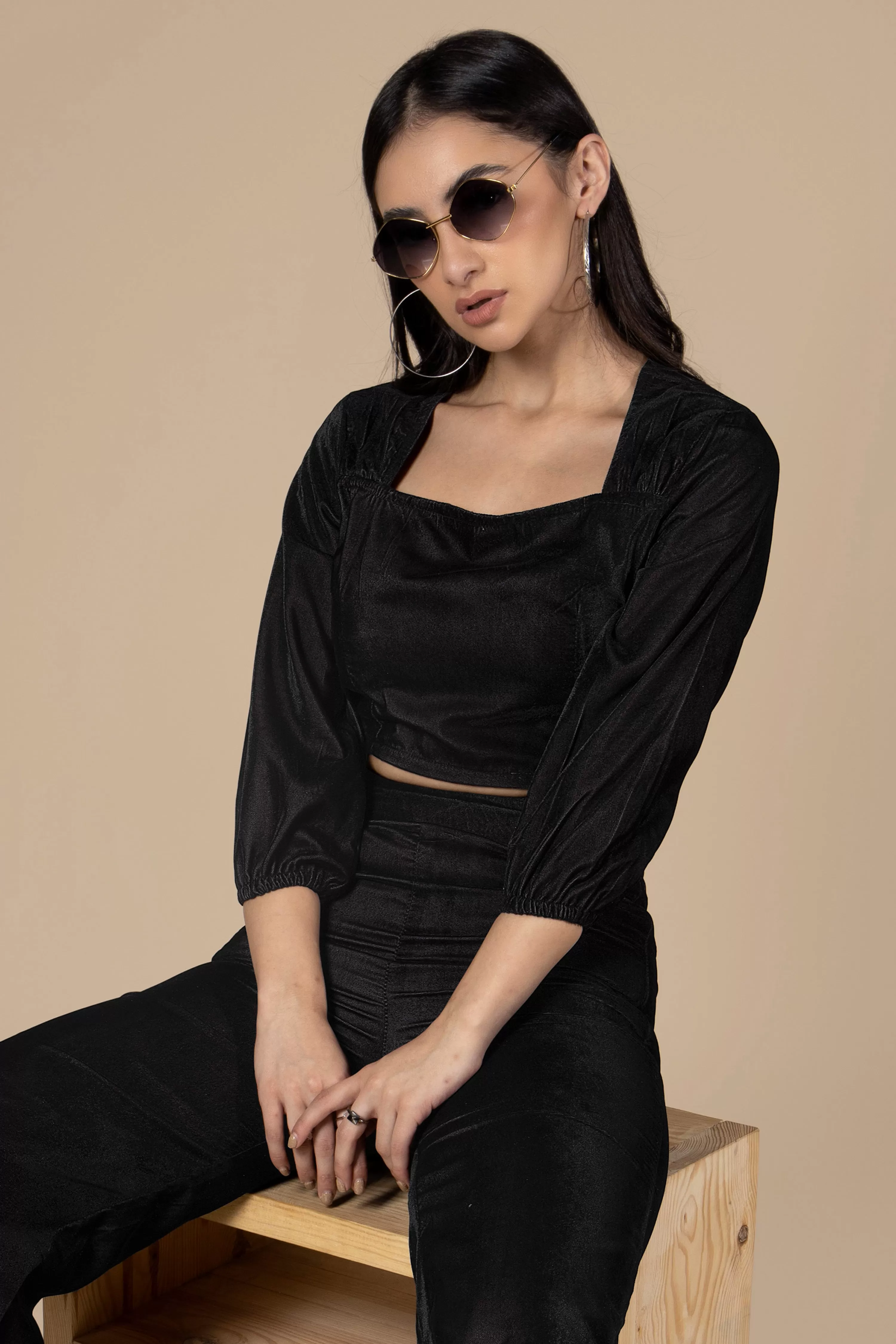 Black Square Neck Velvet  Crop Top For Women