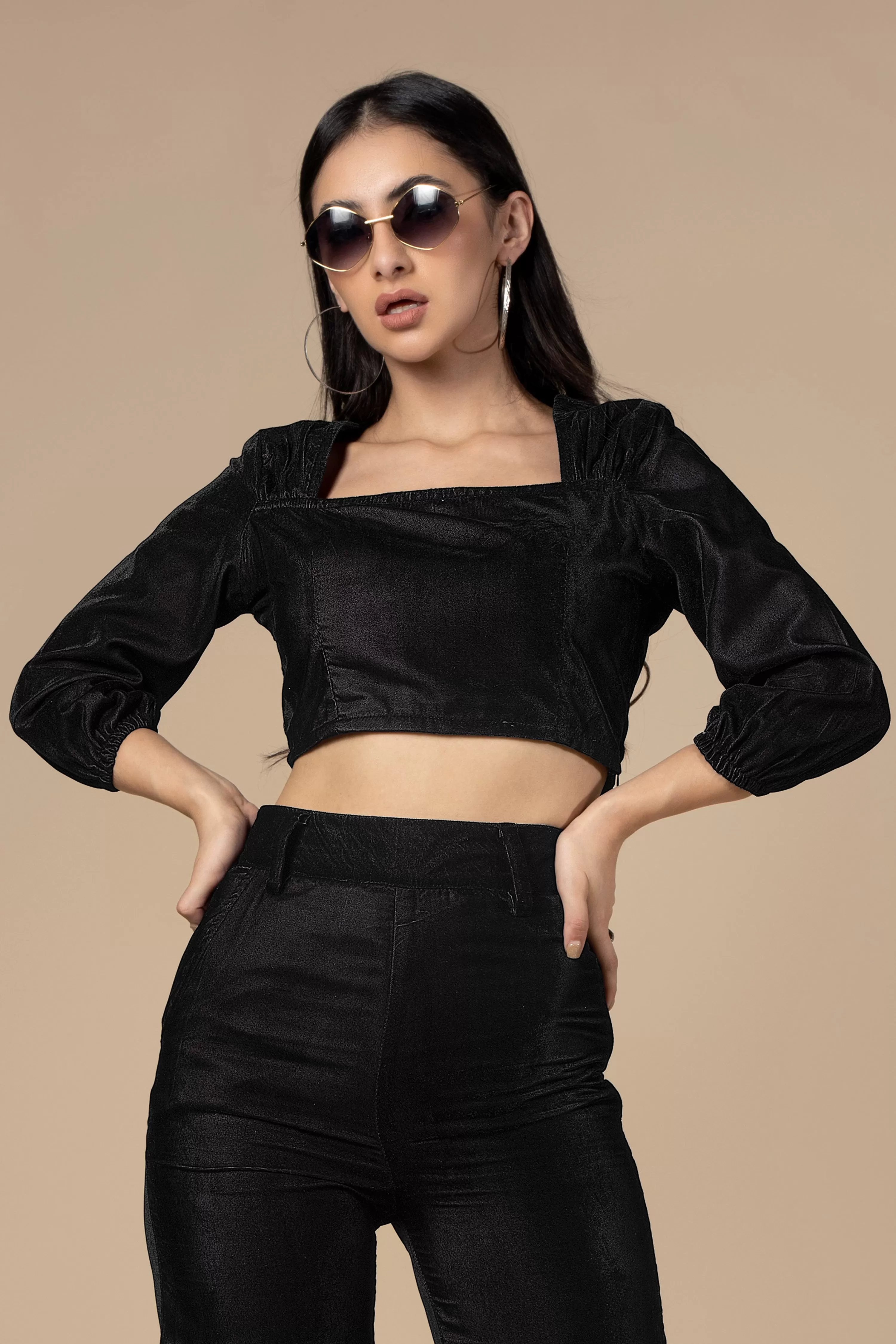 Black Square Neck Velvet  Crop Top For Women