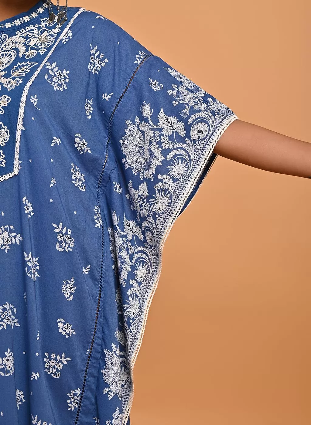 Blue Cotton Printed Kaftan Kurta with Embroidery