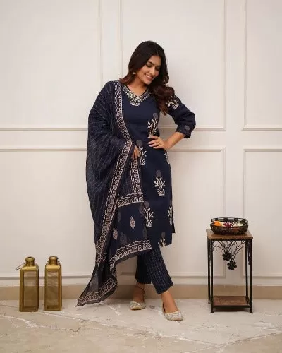 Blue Discharge Print Cotton Salwar Suit Set