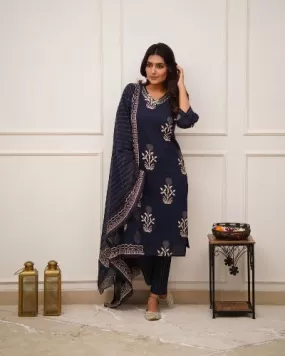 Blue Discharge Print Cotton Salwar Suit Set