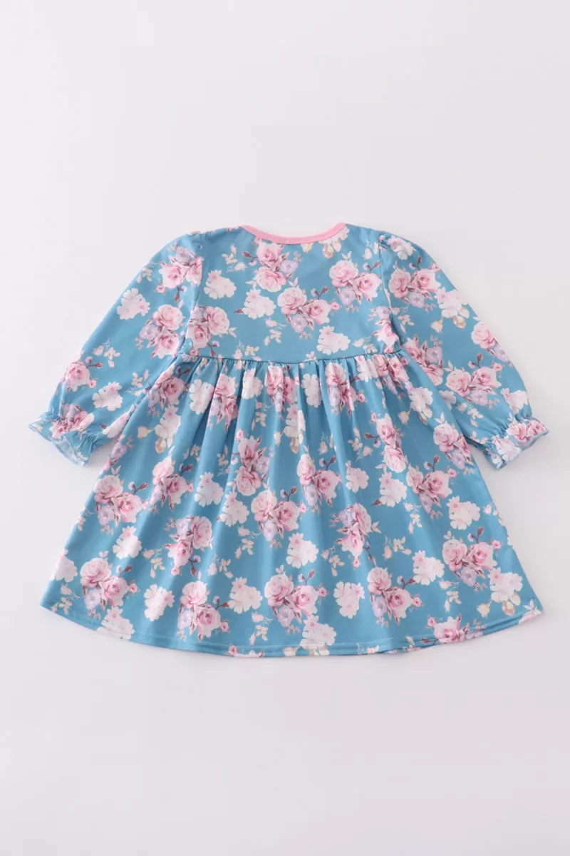 Blue floral print girl dress