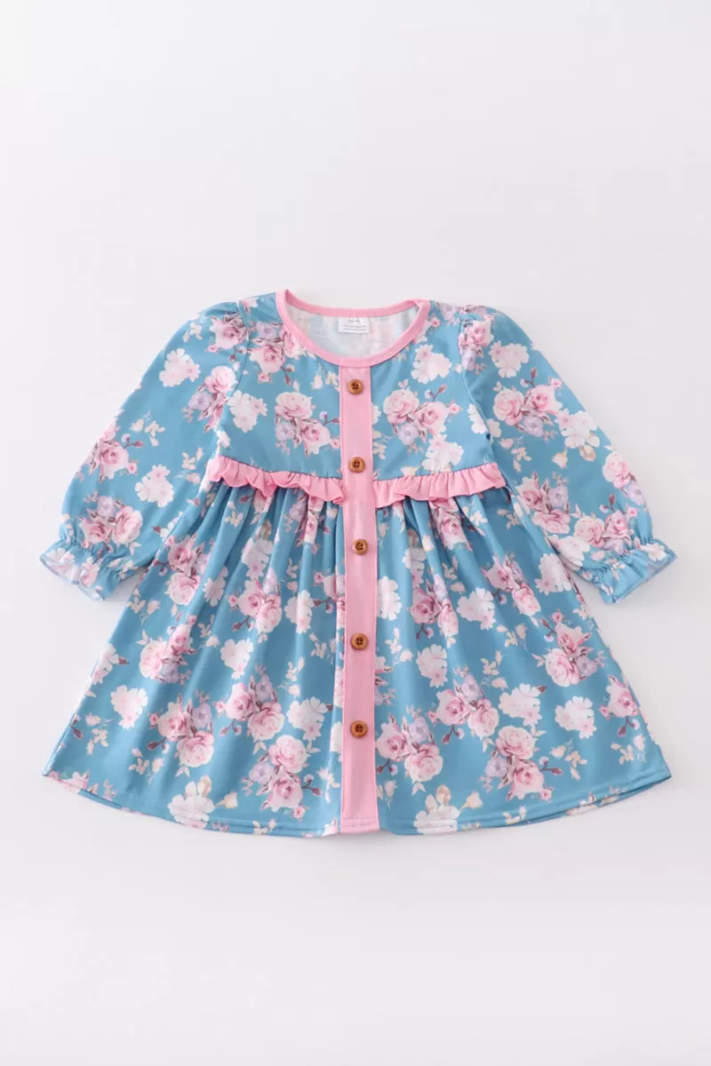 Blue floral print girl dress