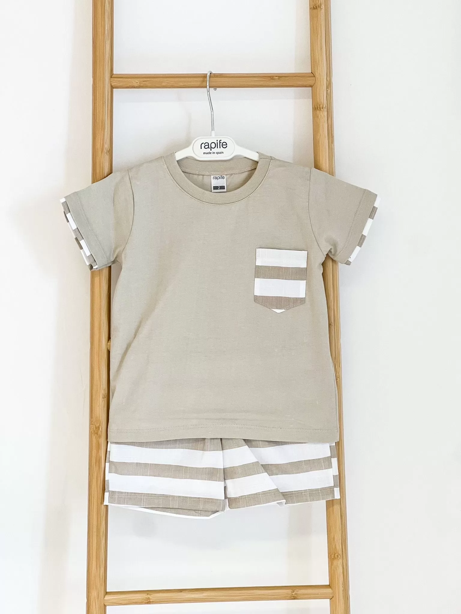 Boys Rapife Camel Horizontal Stripe Pocket Shirt and Short Set